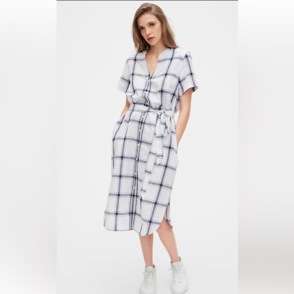 Gap Navy & White Windowpane Plaid Linen Blend Shirt MIDI Dress Size 6